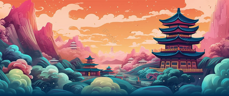 国潮风建筑与山水传统文化背景,插画/手绘图,插画/手绘图库,插画/手绘图下载,插画/手绘